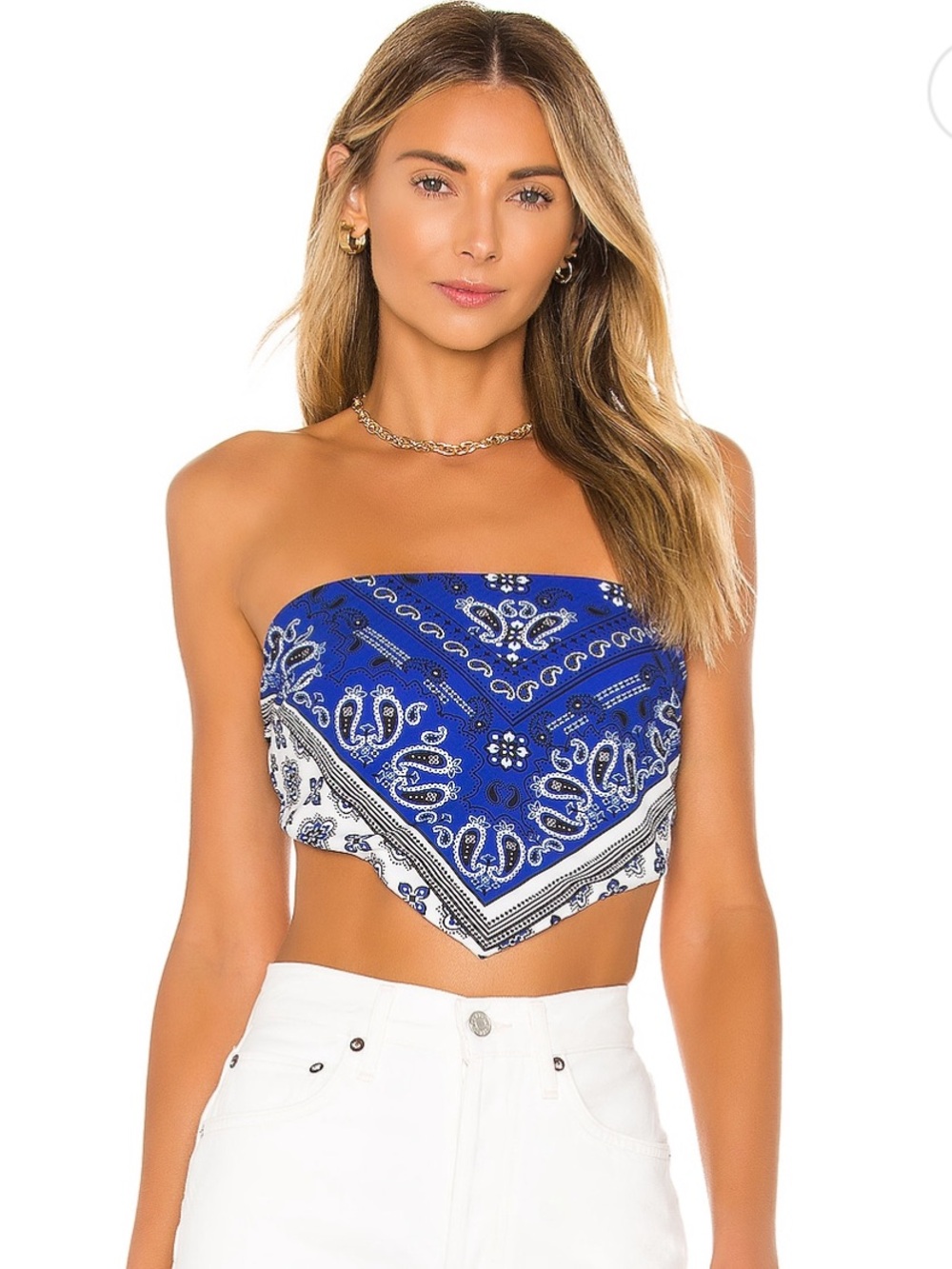 superdown Blue Bandana Strapless Handkerchief Crop Top